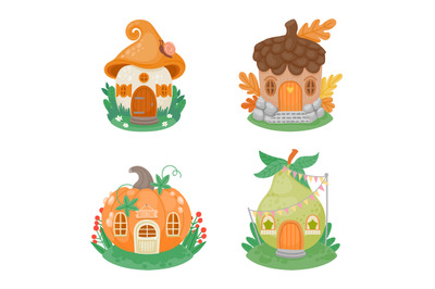 Cartoon little fantasy houses. Cute small gnome buildings in shape of