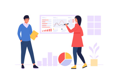 Market forecast, people analysing info chart and diagrams. Characters