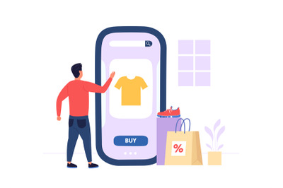 Online shopping. Male character choosing t-shirt on smartphone screen.