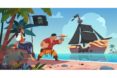 Pirates on tropical island. Sea landscape with pirate ship and male ch