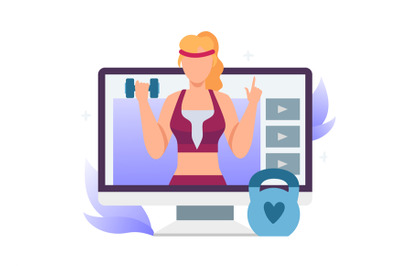 Fitness video blogger on computer screen. Woman doing online training