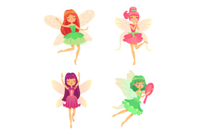 Cartoon fairy girls. Mythological girls in various colorful dresses, m