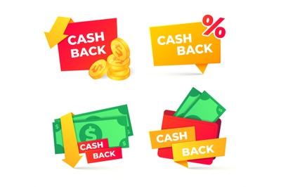 Cashback badges. Wallet with dollar banknotes, paying online and recei