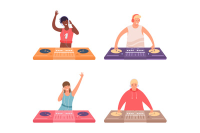 Dj characters at console. Woman and man musicians in headphones playin