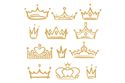 Gold sketch crowns. Various royal accessories for queen and king, prin