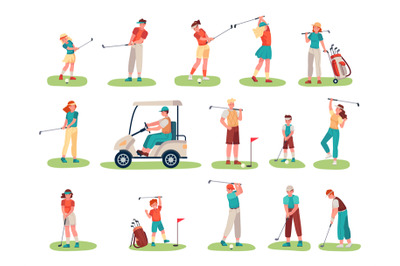 Golf players characters. Children and teenage sportsmen with equipment