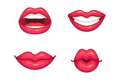 Lips collection. Glossy pink lipstick with different expressions. Kiss