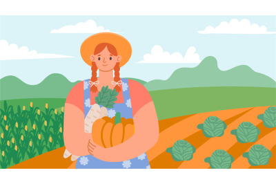 Organic farm products. Cheerful cartoon woman holding fresh grown vege