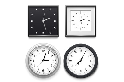 Realistic clocks hanging on wall. Round and square classical clocks in