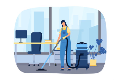 Workspace cleanup vector concept. Cleaning company employee in uniform