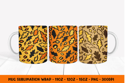 Fall Oak Leaves Mug Sublimation Wrap. Leopard Print Mug