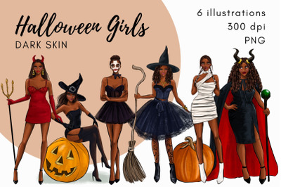 Halloween Girls - Dark skin Watercolor Fashion Clipart