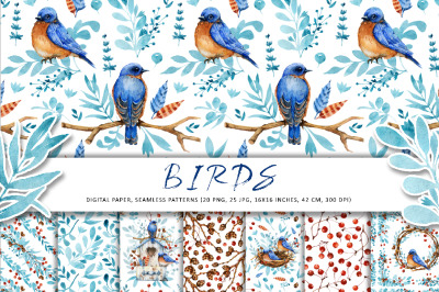Winter blue birds, Christmas watercolor digital paper, seamless patter