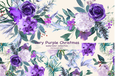 Watercolor Christmas Purple  Flowers Clipart Set