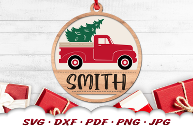 Monogram Christmas Ornament SVG | Christmas Truck SVG | Red Truck SVG