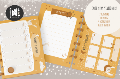 Kids planner printable Cute stationery with bunnies, moons and stars