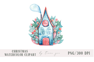 Watercolor Christmas house clipart / sublimation- 1 png file