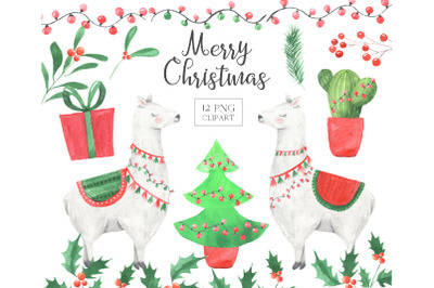 Watercolor Christmas Llamas Clipart