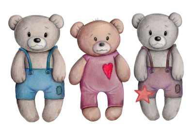 Three cute teddy bears. Watercolor hand painted illustrations.