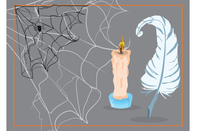 halloween elements with candle with spider web and feather