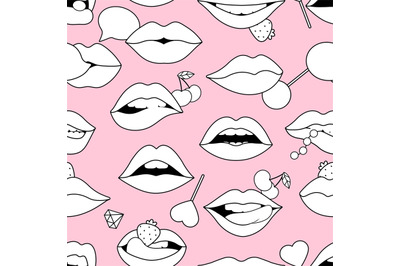 Lips seamless pattern. Sexy lip with lollipops, diamond, cherry and st