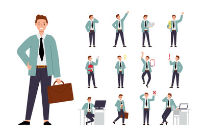 Office business man character. Cartoon flat manager, male in suit in d