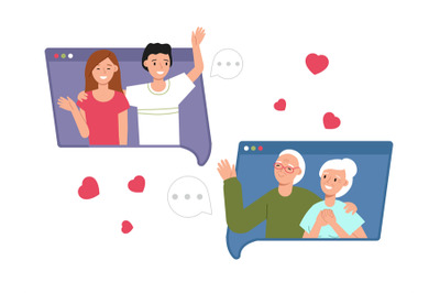 Call to grandparents. Happy family, parents talk with children online.