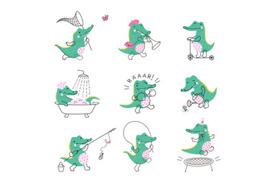 Cartoon crocodile characters. Cute wild crocodiles in humorous situati