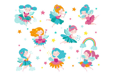 Cartoon fairy. Kids fairies in dress, sweet mythical and tales charact