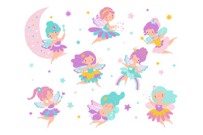 Fairy little princess. Cartoon cute fairies flying and rest on moon. C