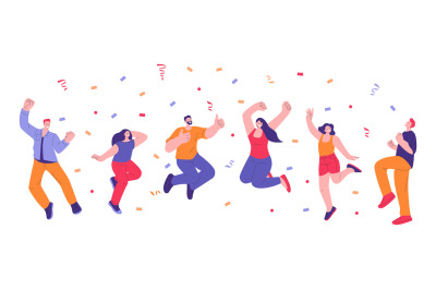 Happy adults celebrating. Jump people and falling confetti. Fun jumpin