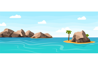 Rocks in water, sea with giant stones and sand island with palm tree.