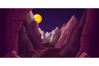 Gorge in rocks or mountains at night. Game location, magic world with