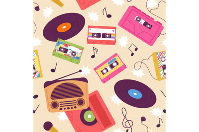 Retro music print. Doodle cassette with tape and 90s style headphones.