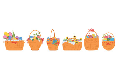 Easter eggs baskets. Color egg in basket with flower. Spring fun holid