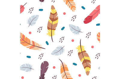 Feather seamless pattern. Color feathers print&2C; pastel rustic decorati