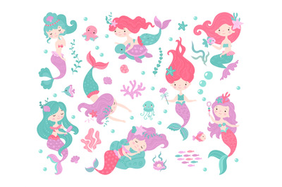 Cartoon mermaids set. Mermaid girl and fish, cute birthday funny chara