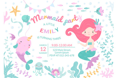 Mermaid birthday party for baby poster template. Cartoon cute girls in