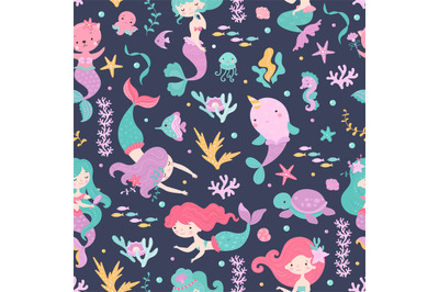 Mermaid seamless pattern. Narwhal and turtle&2C; cartoon cat with fish ta