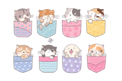 Doodle pocket cats. Kitten in pockets&2C; happy cartoon cute cat. Fashion