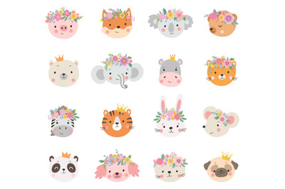 Animal princesses in crown. Floral crowns on princess&2C; queen dog cat b