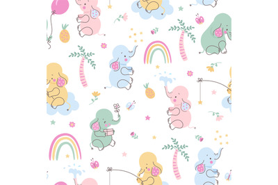 Kid elephant seamless pattern. Elephants and palm tree wallpaper. Cute