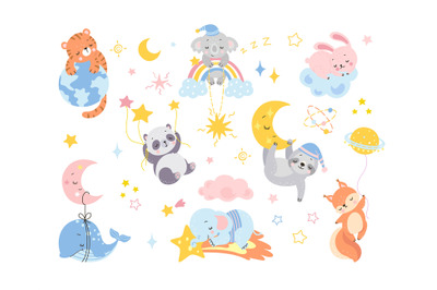 Cute sleeping animals. Cartoon sleep characters on moon and rainbow. B