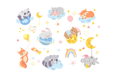 Cartoon animal sleep. Baby cute animals sleeping and hugging cloud moo