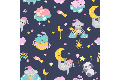 Sleeping animals background. Cute animal sleep&2C; baby night dream fabri