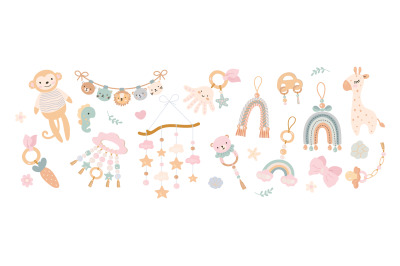 Scandinavian nursery boho style elements. Baby toys&2C; rainbow&2C; giraffe