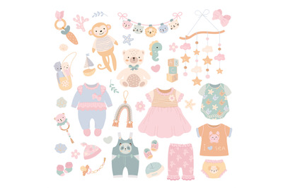 Baby clothes. Babies cloth, cute child dress and toys. Child fabric, i