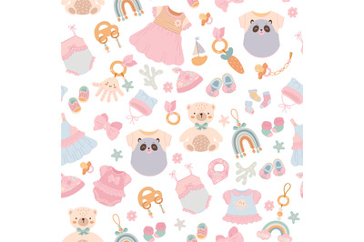 Baby toys seamless pattern. Cute kids fun toy, cartoon flat newborn fa