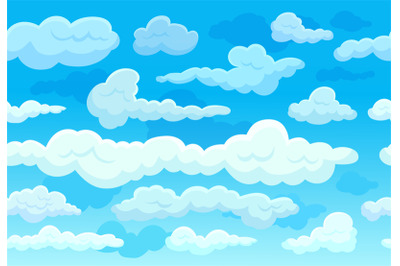 Cartoon clouds on blue sky. White cloud flying print&2C; simple aerial la