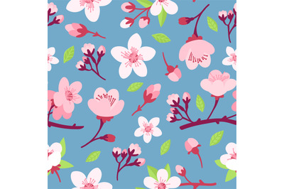 Sakura flowers seamless pattern. Cute cartoon cherry or apricot flower